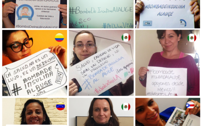 Algunos miembros de la comunidad #diabetesLA mostrando su apoyo al movimiento chileno. Recopilación elaborada por Carolina Zárate.